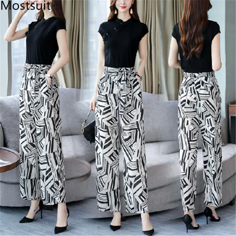 2019 Summer Elegant Two Piece Sets Outfits Women Plus Size Short Sleeve T-shirts And Printed Wide Leg Pants With Belt Suits Sets
2019 Summer Elegant Two Piece Sets Outfits Women Plus Size Short Sleeve T-shirts And Printed Wide Leg Pants With Belt Suits Sets