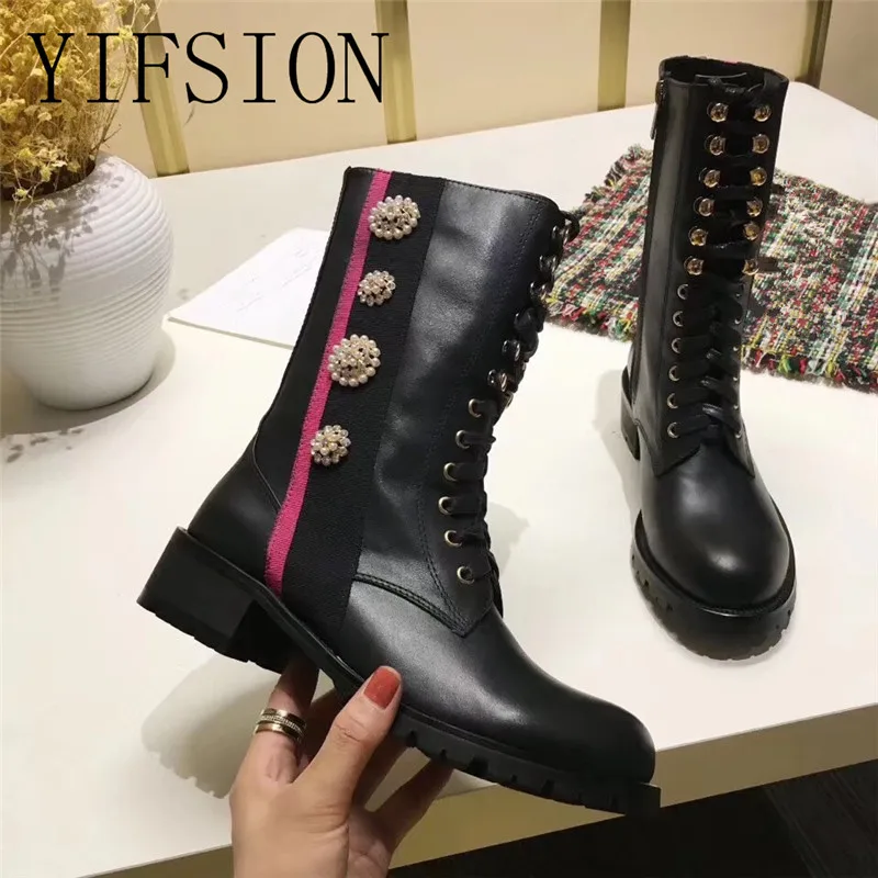 YIFSION New Black Genuine Leather Women Ankle Boots Round Toe Side Zip Cross Tied Pearls Women Autumn Winter Boot Shoes Woman
YIFSION New Black Genuine Leather Women Ankle Boots Round Toe Side Zip Cross Tied Pearls Women Autumn Winter Boot Shoes Woman