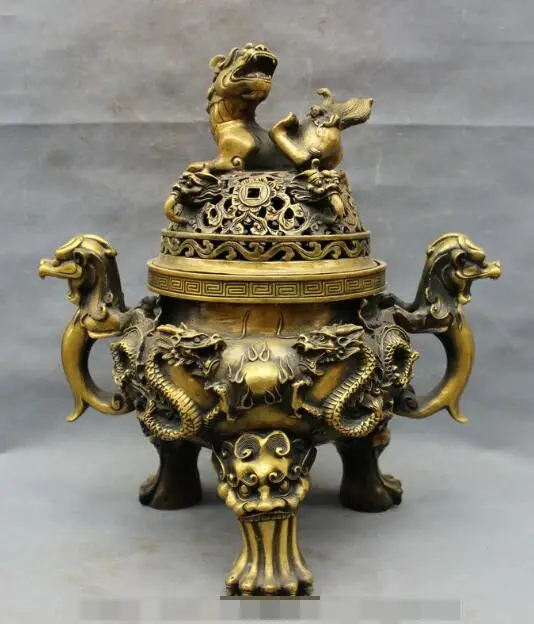 S03326 18" Tibet Bronze Foo Fu Dog Lion PiXiu Dragon Head Statue Incense Burner Censer B0403
S03326 18" Tibet Bronze Foo Fu Dog Lion PiXiu Dragon Head Statue Incense Burner Censer B0403