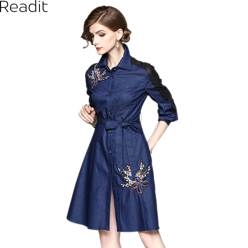 Фото Readit платье с вышивкой 2017 зимнее темно синий из джинсовой ткани - купить