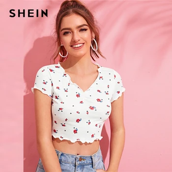 

SHEIN V-Neck Lettuce Trim Ditsy Floral Crop Top T Shirt Women Clothing 2019 White Slim Fit Sexy Summer Cap Sleeve Tops