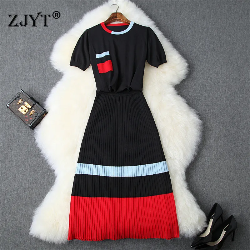 2019 Summer Runway Designer Two Piece Set Outfit Women Contrast Color Knit Top and Midi Pleated Skirt Suit Matching Set Twinset
2019 Summer Runway Designer Two Piece Set Outfit Women Contrast Color Knit Top and Midi Pleated Skirt Suit Matching Set Twinset