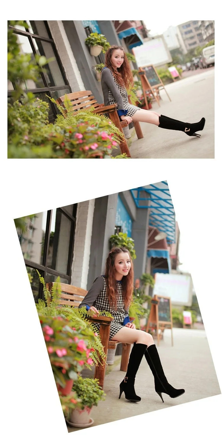 Womens Elegant Belt Buckle Pointed Toe Stiletto Heel Shoes Autumn And Winter Suede Cheap Black Heeled Knee High Knight Boots2