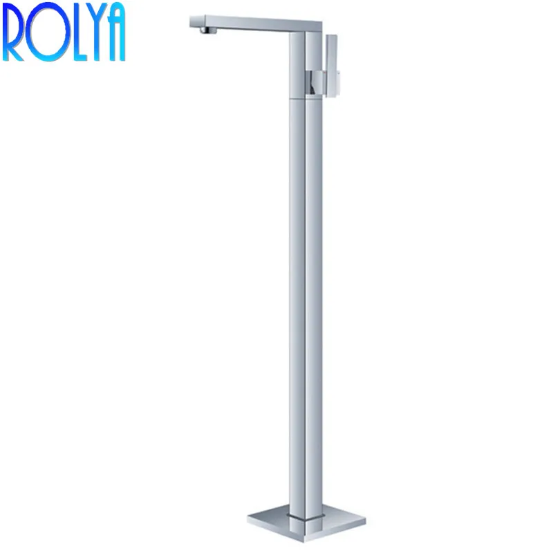 

ROLYA Square Floor Mounted Bathtub Shower Mixer Faucet Taps Freestanding Modern Bath Tub Filler, Chrome