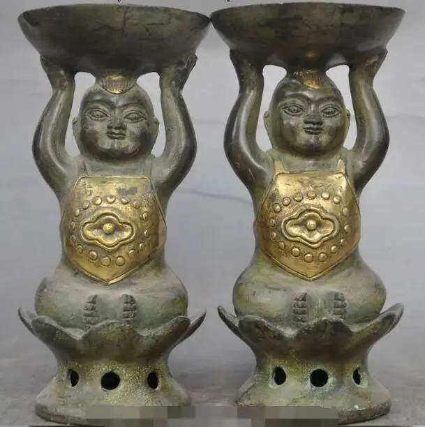 S01247 6"Chinese Bronze gilt Tongzi boy child SIt lotus Candlesticks Candle Holder pair
S01247 6"Chinese Bronze gilt Tongzi boy child SIt lotus Candlesticks Candle Holder pair