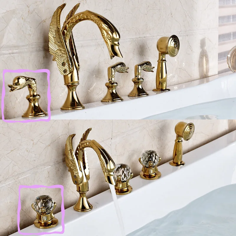Widespread Swan Shaped Tub Sink Faucet Deck Mounted Side Bathtub Mixer Taps with Handheld Shower Gold-plate
Widespread Swan Shaped Tub Sink Faucet Deck Mounted Side Bathtub Mixer Taps with Handheld Shower Gold-plate