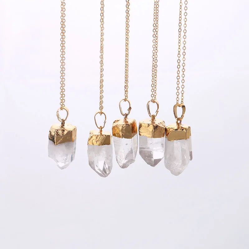 boho chic raw clear crystal hexagon pendant reiki healing point chakra pendant gold color quartz stone spike necklace for gifts
boho chic raw clear crystal hexagon pendant reiki healing point chakra pendant gold color quartz stone spike necklace for gifts