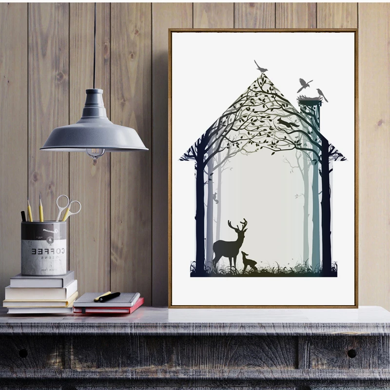 

Silhouette of Deer with Pine Forest Home Canvas Art Print Painting Poster, Wall Picture for Home Decoration, Home Decor