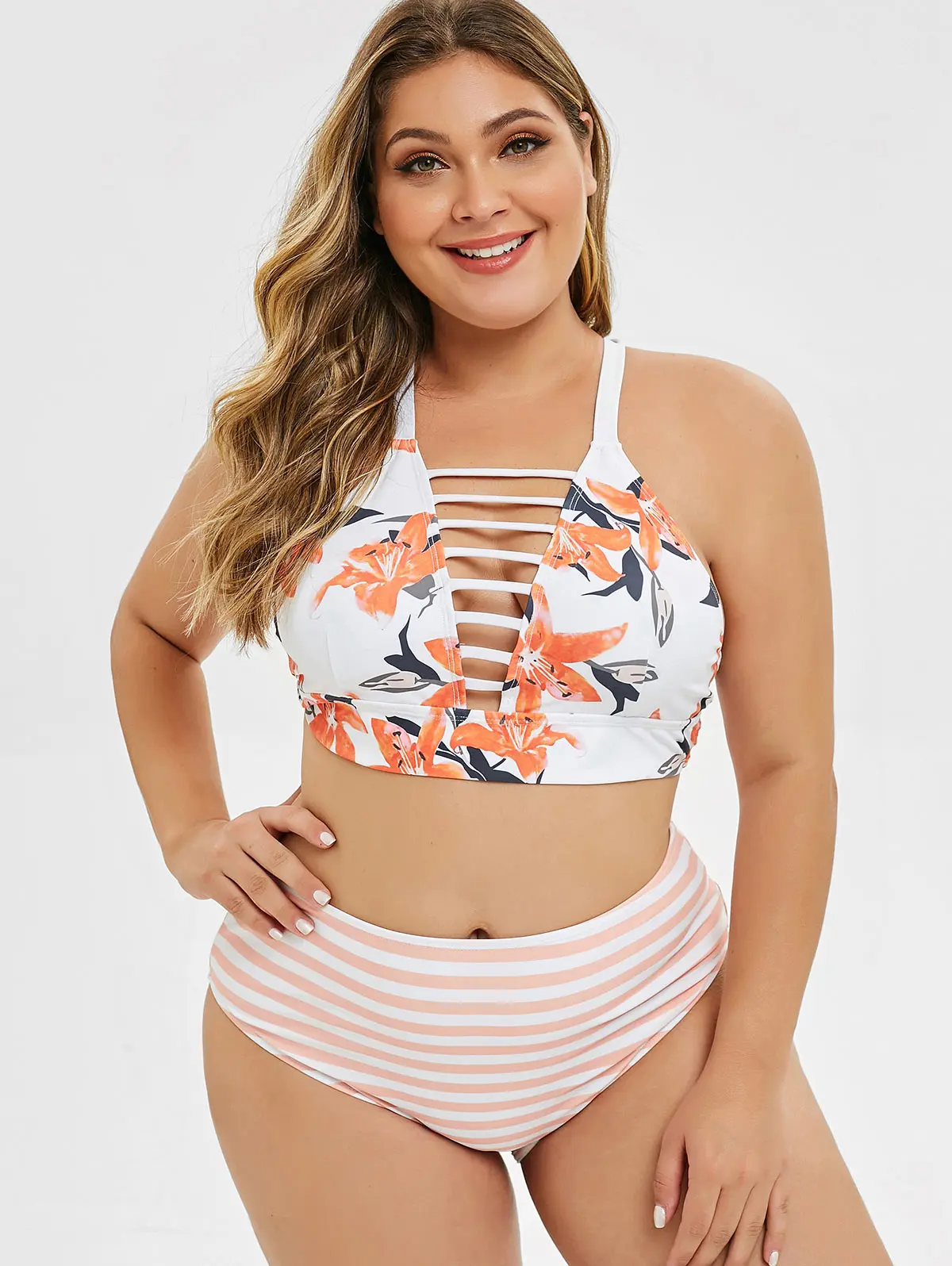 

Wipalo Floral Stripes Criss Cross Strappy Plus Size Bikini Set Women V Neck Mid Waist Bathing Suits Summer Swimwear Sets 2019