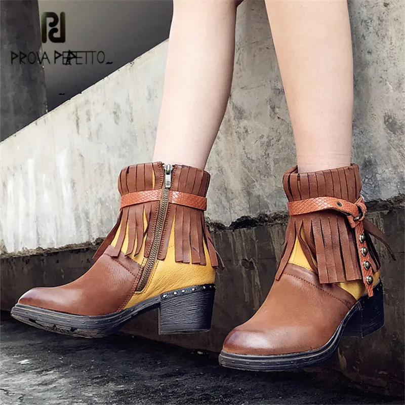 Prova Perfetto Fringed Ankle Boots for Women Female Genuine Leather Platform Rubber Riding Boots Strap Chunky Heel Botas Mujer
Prova Perfetto Fringed Ankle Boots for Women Female Genuine Leather Platform Rubber Riding Boots Strap Chunky Heel Botas Mujer