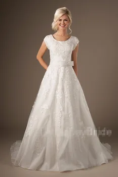 Long A-line Modest Wedding Dresses With Cap Sleeves O Neck Lace Appliques Tulle Outdoor Rustic Country Western Bridal Gown
Long A-line Modest Wedding Dresses With Cap Sleeves O Neck Lace Appliques Tulle Outdoor Rustic Country Western Bridal Gown