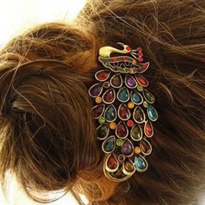 

1Pcs Luxury Ladies Vintage Colorful Hair Pin Rhinestone Gem Antique Bronze Peacock Barrette Hairpin Hair Clip