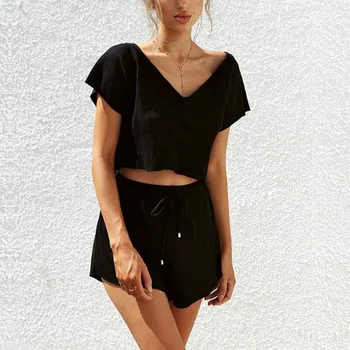 Women Sexy V-neck Suit Set Solid Black Color Two Piece Set Top and Pants Short Sleeve Pullover Tops Suits Short Shirt and Shorts
Women Sexy V-neck Suit Set Solid Black Color Two Piece Set Top and Pants Short Sleeve Pullover Tops Suits Short Shirt and Shorts