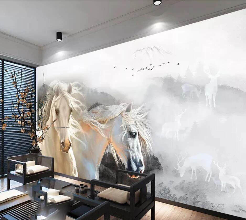New Chinese ink white horse landscape forest deer TV background wall decoration wallpaper murals
New Chinese ink white horse landscape forest deer TV background wall decoration wallpaper murals