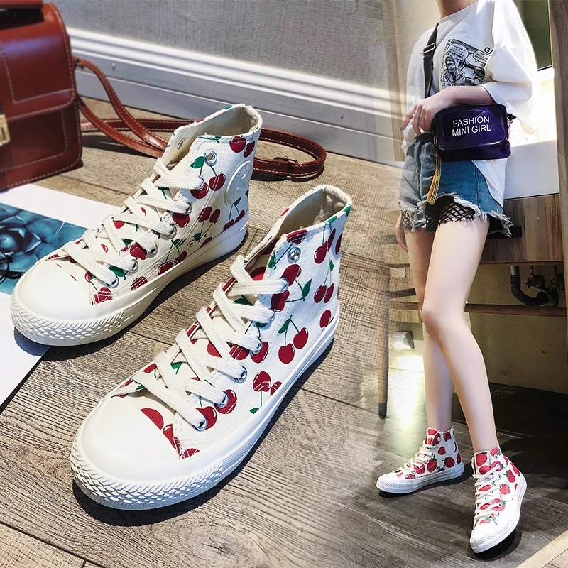 2019 Summer Women Graffiti Canvas Shoes Cherry Pattern Casual Ladies Vulcanized Sneaker Lace-Up High Top Flat Canvas Shoes Women
2019 Summer Women Graffiti Canvas Shoes Cherry Pattern Casual Ladies Vulcanized Sneaker Lace-Up High Top Flat Canvas Shoes Women