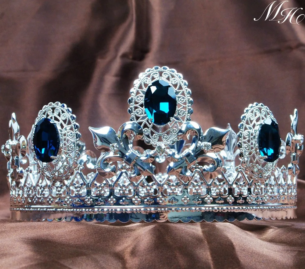 

Men's Blue Crystal Tiaras Crowns Full Round Tiara 3.5" Imperial Medieval Rhinestone Crown Prom Pageant Bridal Party Hair Jewelry