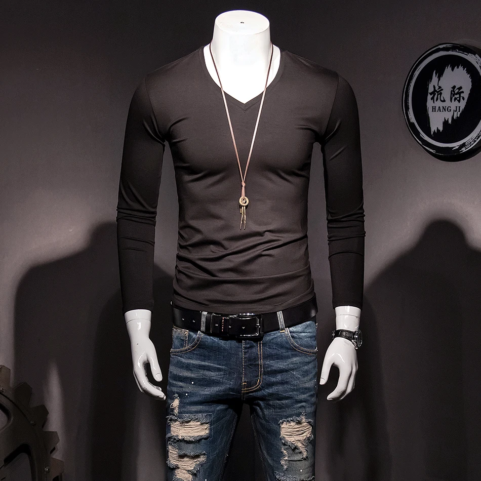 2019 new mercerized cotton V-neck long-sleeved T-shirt tide men's solid color slim bottoming shirt sexy tight cotton shirt
2019 new mercerized cotton V-neck long-sleeved T-shirt tide men's solid color slim bottoming shirt sexy tight cotton shirt