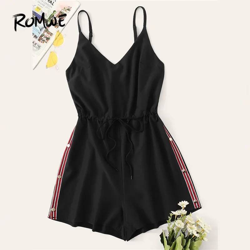 

ROMWE Contrast Taped Side Drawstring Mid Waist Cami Black Casual Rompers Women 2019 Adjustable Spaghetti Strap Summer Playsuits