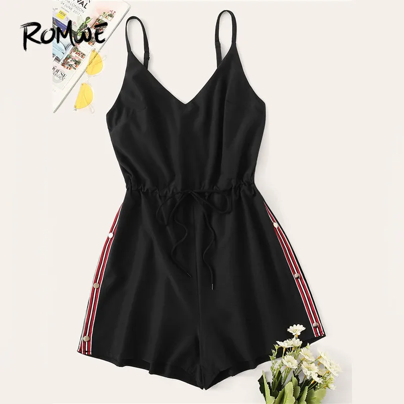ROMWE Contrast Taped Side Drawstring Mid Waist Cami Black Casual Rompers Women 2019 Adjustable Spaghetti Strap Summer Playsuits
ROMWE Contrast Taped Side Drawstring Mid Waist Cami Black Casual Rompers Women 2019 Adjustable Spaghetti Strap Summer Playsuits