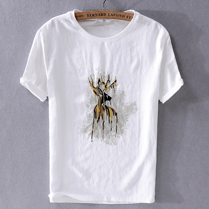 2019 Summer men's new casual short-sleeved white linen t-shirt Japanese embroidery trend mens t shirt fashion tops male chemise
2019 Summer men's new casual short-sleeved white linen t-shirt Japanese embroidery trend mens t shirt fashion tops male chemise