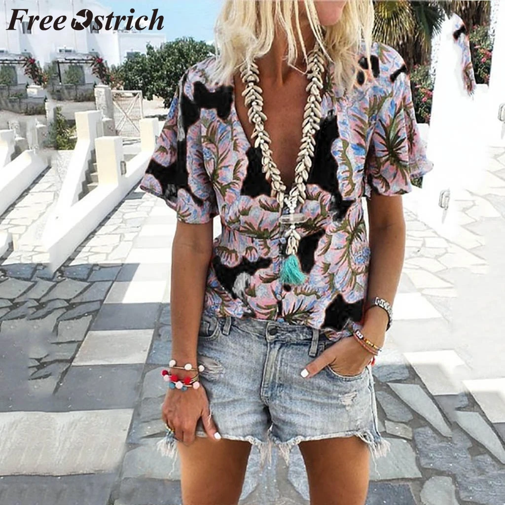 FREE OSTRICH Women T Shirts Floral Print Retro V-Neck Button Short Sleeve Black Graceful Elegant Noble Summer T-Shirt For Women
FREE OSTRICH Women T Shirts Floral Print Retro V-Neck Button Short Sleeve Black Graceful Elegant Noble Summer T-Shirt For Women