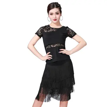 Women Dancewear Lace Perspective Short-Sleeved Shirt + Fringed Latin Dance Skirt Performance Exercise Clothes Two-Piece
Women Dancewear Lace Perspective Short-Sleeved Shirt + Fringed Latin Dance Skirt Performance Exercise Clothes Two-Piece