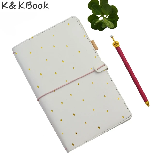 Image KKBook NEW Cute Fine Leather Travel Journal Classic Notebook Portable White Golden Dot Diary with Dot and Line Inners Cardeno