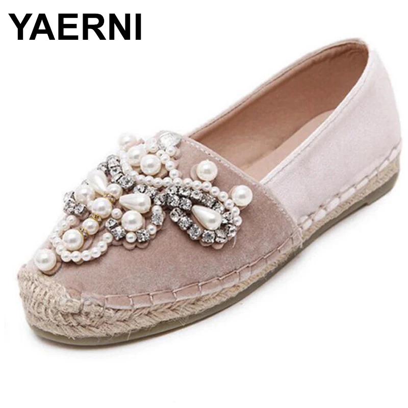 YAERNI 2021 Spring Autumn Women Loafer Round Toe Espadrilles Pearl Comfortable Hemp Bottom Shoes Slip On Zapato Mujer | Обувь