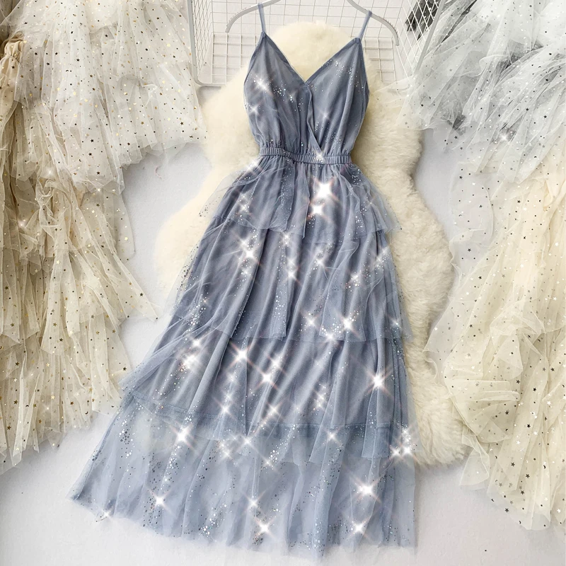 HISUMA summer new women's strap V-Collar Backless layer ruffles mesh ball gown Dresses female sling sequined shiny tired dress
HISUMA summer new women's strap V-Collar Backless layer ruffles mesh ball gown Dresses female sling sequined shiny tired dress