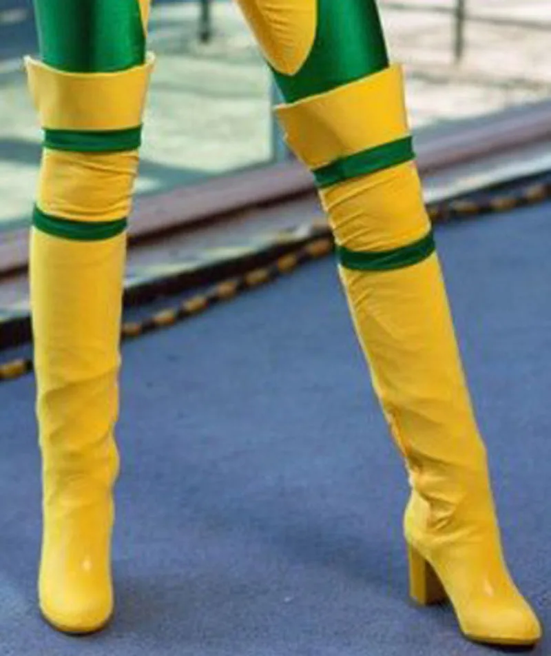 

Fashion Bright Contrast Color Yellow Leather Green Patched Thigh Boots Med Heels Over knee Ladies Round toe Knight Botas Women