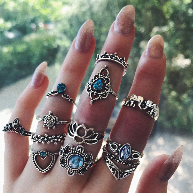 13 Pcs/Set Punk Elephant Turtle Heart Flower Crown Gem Crystal Silver Joint Ring Female Fashion Party Ring Set
13 Pcs/Set Punk Elephant Turtle Heart Flower Crown Gem Crystal Silver Joint Ring Female Fashion Party Ring Set