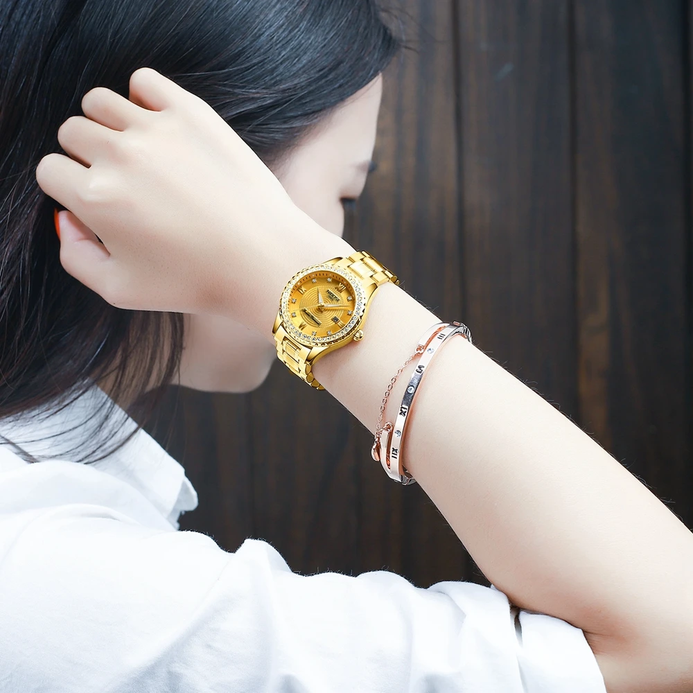 Часы наручные NIBOSI для влюбленных брендовые роскошные золотистые Кварцевые
