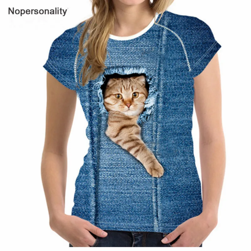 Nopersonality Denim Scottish Fold Cat Women T Shirt Cute Woman Summer Shirts Fashion O Neck Short Sleeve Tee Clothing Fitness | Женская