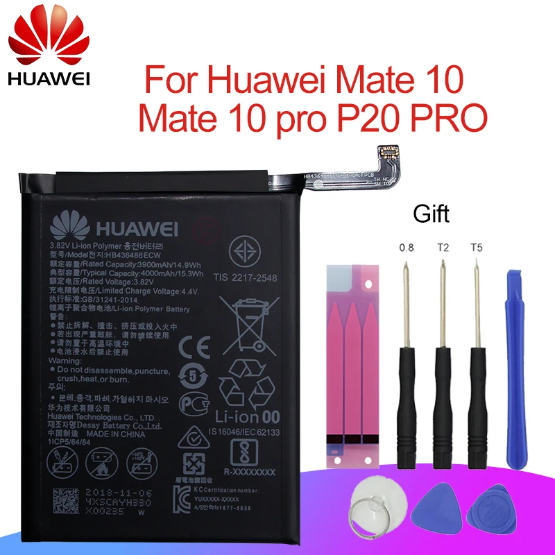 Hua Wei Original Phone Battery 3900mAh Replacement for Huawei Mate 10 / 10 Pro / P20 PRO AL00 L09 L29 TL00 HB436486ECW + Tools
Hua Wei Original Phone Battery 3900mAh Replacement for Huawei Mate 10 / 10 Pro / P20 PRO AL00 L09 L29 TL00 HB436486ECW + Tools