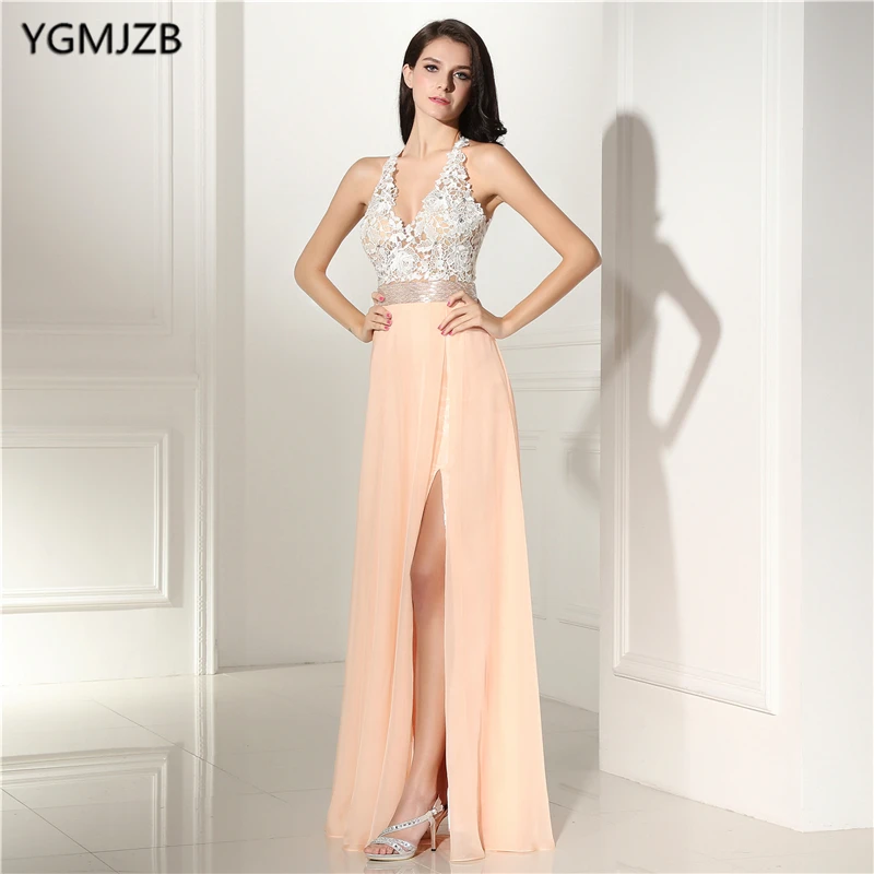 Backless Lace Evening Dresses Long 2018 A-Line V Neck Beaded Champagne High Split Prom Dress Women Formal Prom Evening Gowns
Backless Lace Evening Dresses Long 2018 A-Line V Neck Beaded Champagne High Split Prom Dress Women Formal Prom Evening Gowns