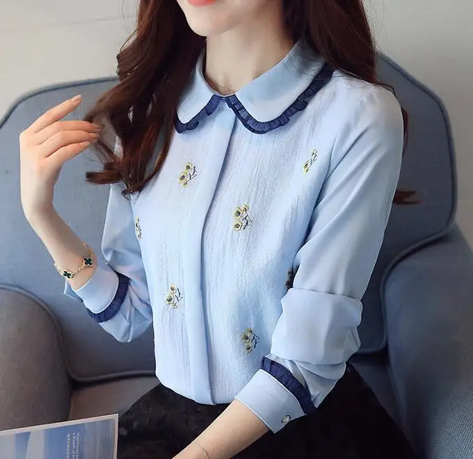 Free Shipping High Quality 2019 Autumn New Arrival Peter Pan Collar Flower Embroidery Long Sleeve Woman Chiffon Blouse Sky Blue
Free Shipping High Quality 2019 Autumn New Arrival Peter Pan Collar Flower Embroidery Long Sleeve Woman Chiffon Blouse Sky Blue