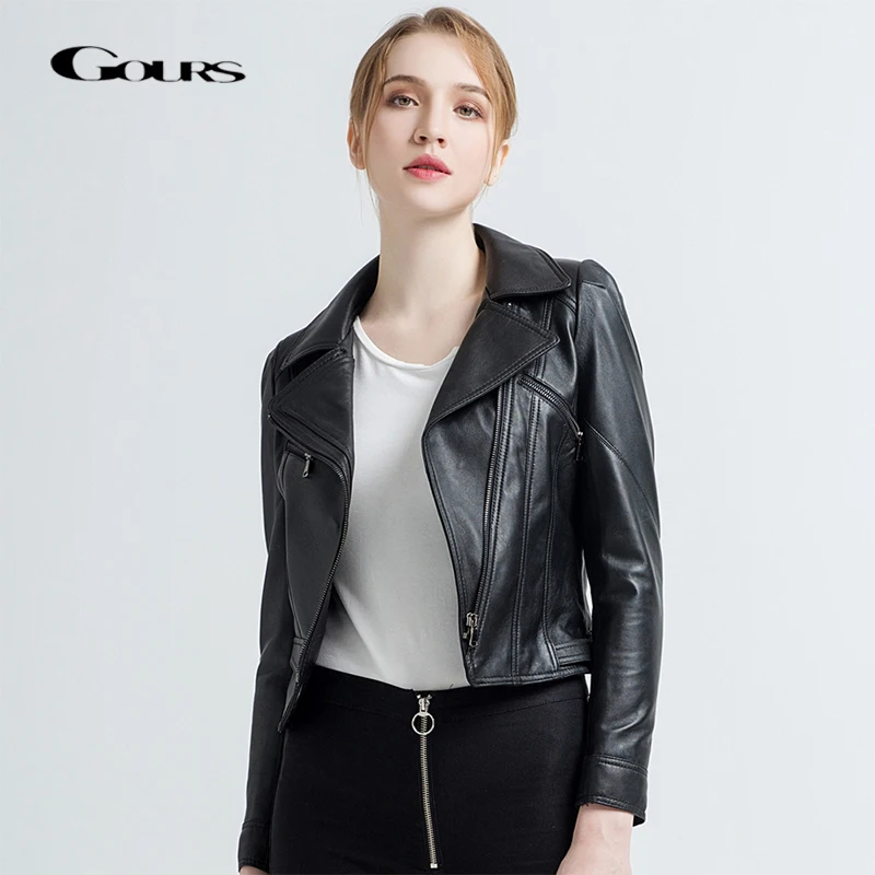 Gours Women's Genuine Leather Jackets Female Fashion Short Motorcycle Jacket Black Classic Punk Style Ladies Sheepskin Coat 1817
Gours Women's Genuine Leather Jackets Female Fashion Short Motorcycle Jacket Black Classic Punk Style Ladies Sheepskin Coat 1817