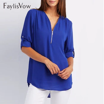 Zipper V Neck Womens Tops And Blouses Plus Size Chiffon Roller Up Sleeve Women's Blouse Solid Casual Loose Shirts Plus Size
Zipper V Neck Womens Tops And Blouses Plus Size Chiffon Roller Up Sleeve Women's Blouse Solid Casual Loose Shirts Plus Size