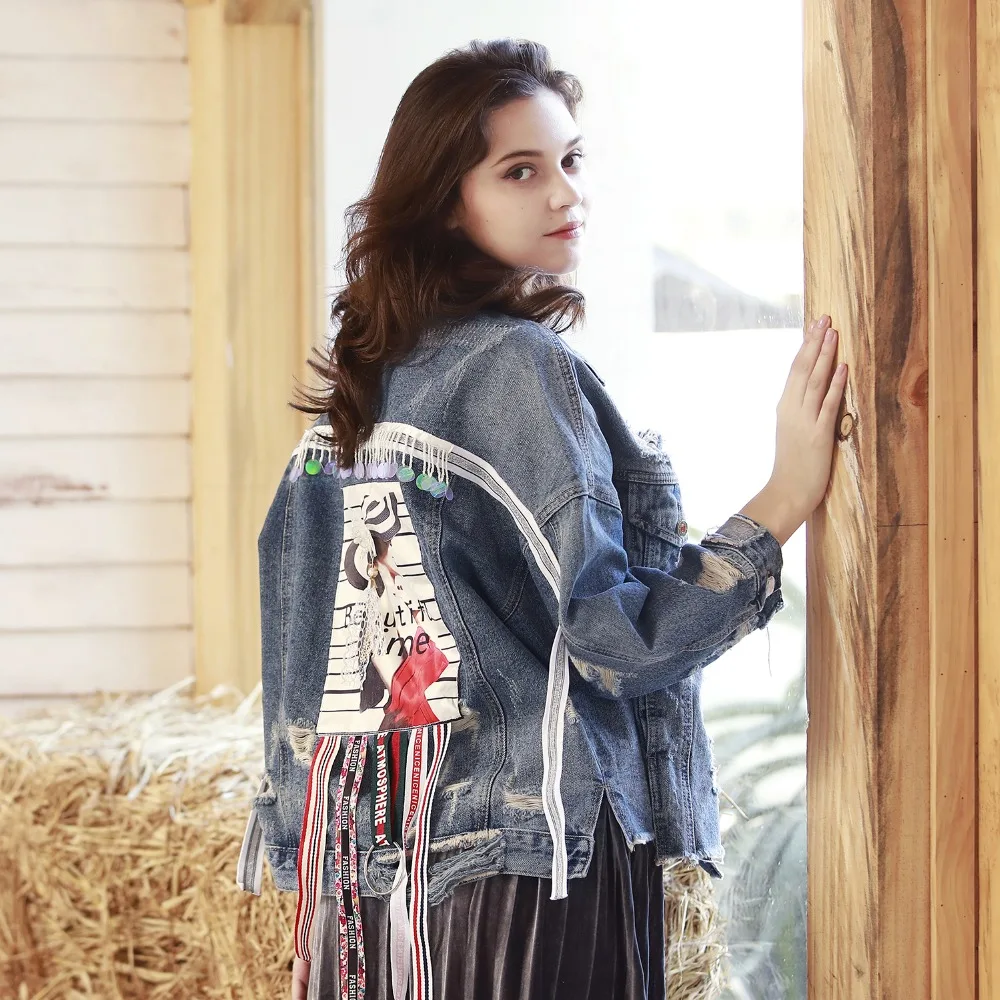 Women Fashion Denim Jacket 3D Print Long Sleeve Loose Coats Cotton Tassel Frayed Hole Jean Outerwear Jackets for Woman
Women Fashion Denim Jacket 3D Print Long Sleeve Loose Coats Cotton Tassel Frayed Hole Jean Outerwear Jackets for Woman