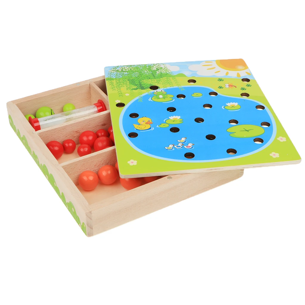 Kids Montessori Educational Wooden Toy, Colorful Clip Ball Board Game Playset in a Wooden Box for Boys and Girls Gift