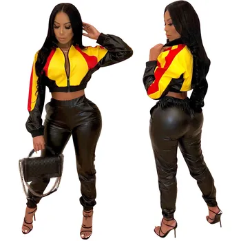 Pu Leather Women Two Piece Set Outfits Crop Top And Pants Long Sleeve Jackets Tracksuit Short Women Casual Matching Set 
Pu Leather Women Two Piece Set Outfits Crop Top And Pants Long Sleeve Jackets Tracksuit Short Women Casual Matching Set