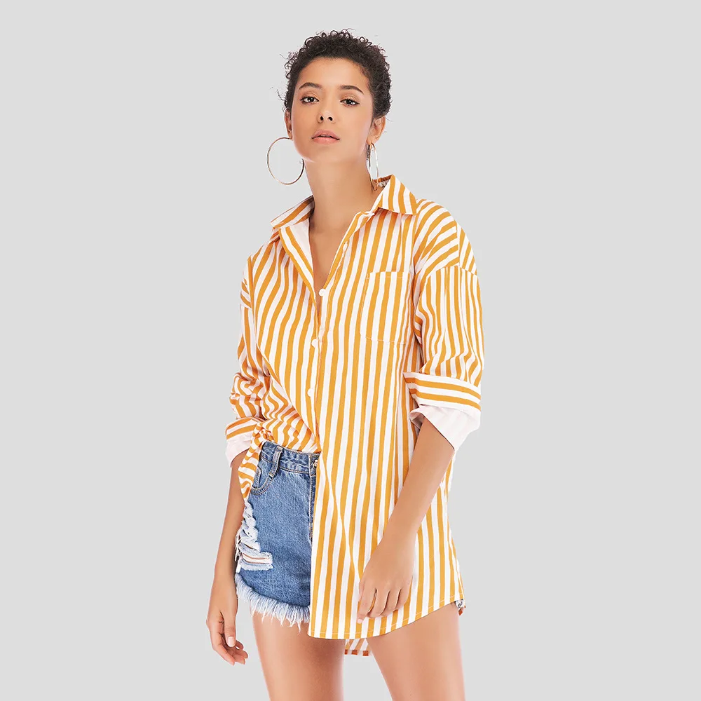 2019 fashion women's shirt long-sleeved yellow striped vertical party shirt plus loose size simple style
2019 fashion women's shirt long-sleeved yellow striped vertical party shirt plus loose size simple style