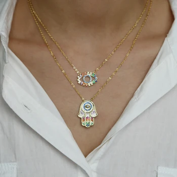 BohoTurkish hamsa hand evil eye Tassel Layered Gold Necklace rainbow cz Choker Pendant Women Neck Collier
BohoTurkish hamsa hand evil eye Tassel Layered Gold Necklace rainbow cz Choker Pendant Women Neck Collier