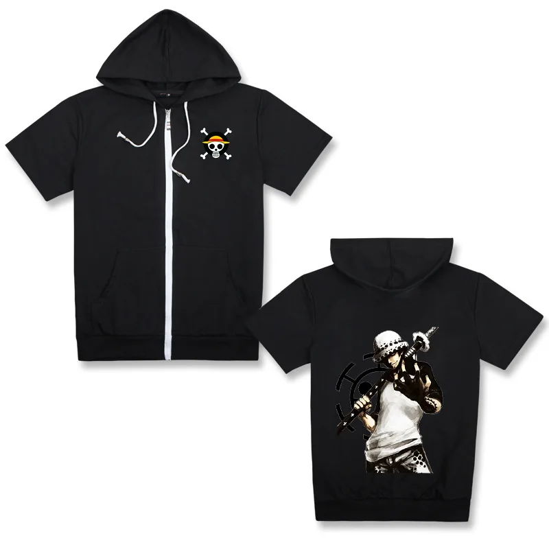 Anime Hoodies One Piece Luffy Pirates Skull Trafalgar Law Hooded Sweatshirt Short Sleeves Jersey Hoodie Pocket Zip-Up Tops Coat | Женская