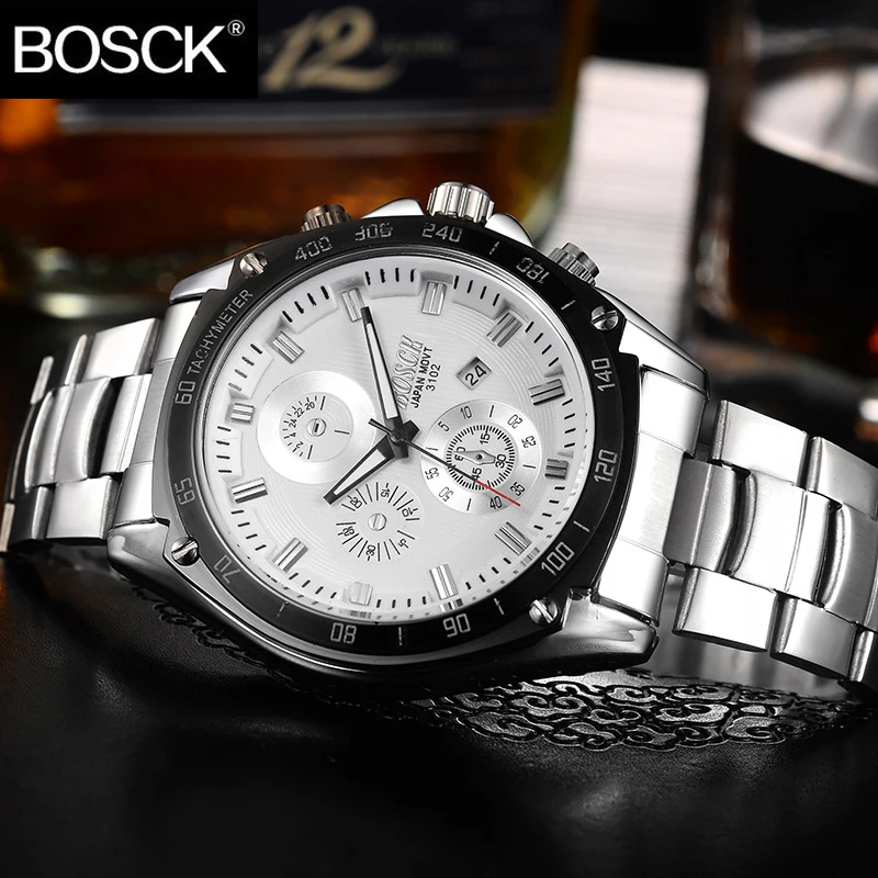 BOSCK Top Luxury Men Stainless Steel Quartz Watch Sport Shockproof Waterproof Men Watches Calendar Male Clock Relogio Military
BOSCK Top Luxury Men Stainless Steel Quartz Watch Sport Shockproof Waterproof Men Watches Calendar Male Clock Relogio Military