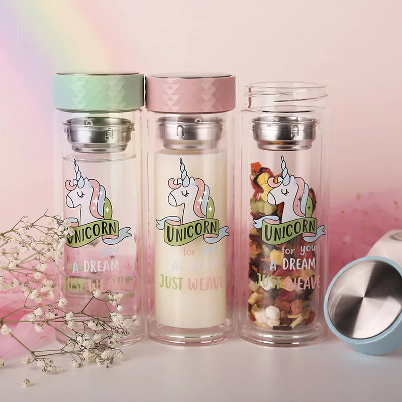 Cartoon Unicorn Double Wall Glass Water Bottle Coffee Tea Cup Leakproof Sport Travel Transparent Drinking Infuser Tumbler
Cartoon Unicorn Double Wall Glass Water Bottle Coffee Tea Cup Leakproof Sport Travel Transparent Drinking Infuser Tumbler