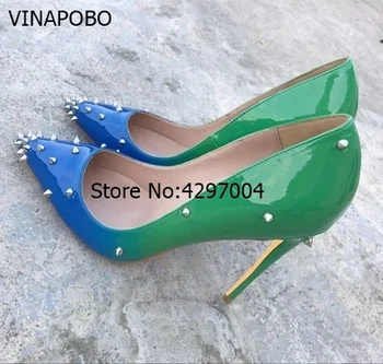 

Hot Selling Gradient Color Spikes Women Pumps Patent Leather Stilettos Heels Rivets Shoes Party Dress Pump High Heel Ladies Shoe