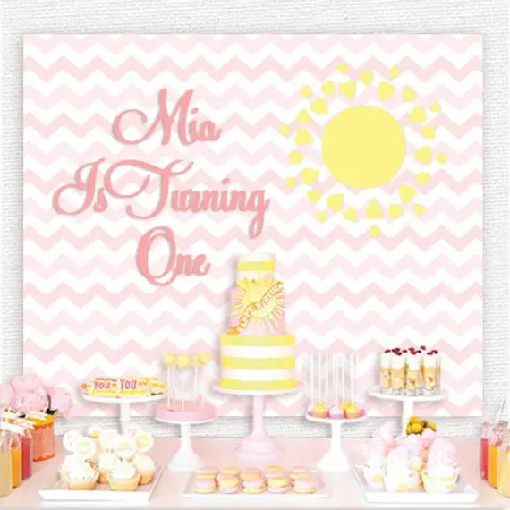 

custom Yellow And Pink Chevron Little Sun Baby Shower photo backdrop Computer print birthday background