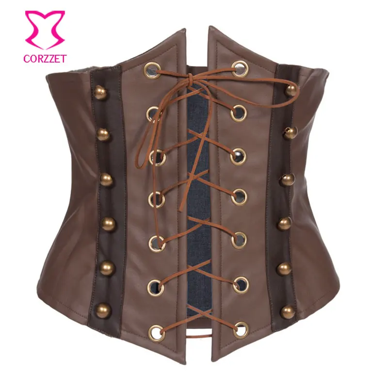 

Brown Leather Corset Underbust Gothic Espartilho Steampunk Corsets And Bustiers Waist Cincher Waist Shaper Burlesque Costumes