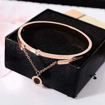 

YUN RUO Fashion Roman Number Pendant Bangle Double Faces Rose Gold Color Titanium Steel Jewelry Woman Birthday Gift Never Fade